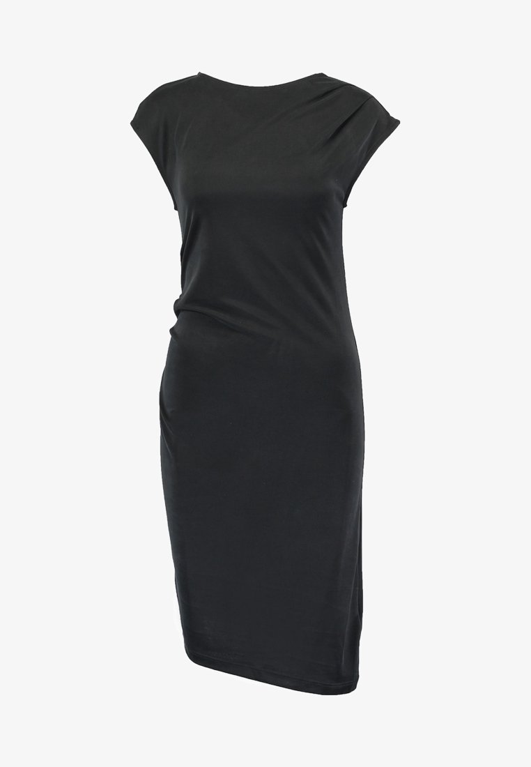 Black, fitted dress with a round neckline, cap sleeves, and asymmetrical hem. Made from smooth, stretchy fabric. No patterns or embellishments.