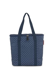 Bolsa de mano azul marino con lunares blancos, dos asas resistentes, cierre con cremallera en la parte superior y bolsillo frontal. Fabricada con un tejido duradero con un acabado texturizado.