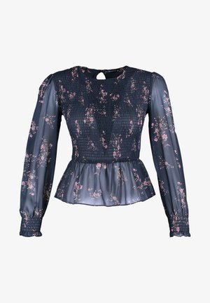 Marinebluse mit langen gesmockten Ärmeln, floralem Druck in Pink und Creme, Peplum-Saum, Schlüsselöffnung am Rücken und transparenter Textur.