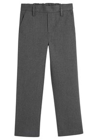 Pantalons gris en tissu tissé, présentant un design à jambe droite, une taille élastique et des poches avant. Pas de motifs visibles ni de matériel.