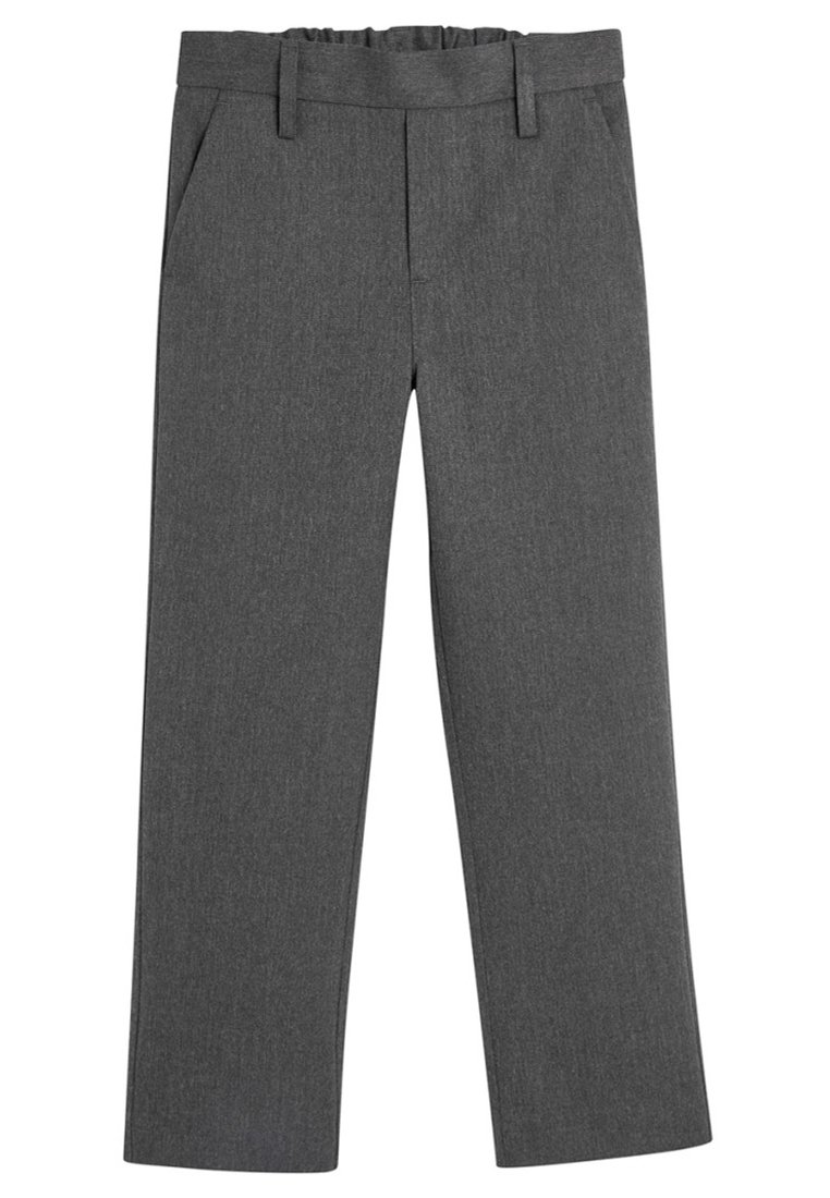 Pantalons gris en tissu tissé, présentant un design à jambe droite, une taille élastique et des poches avant. Pas de motifs visibles ni de matériel.