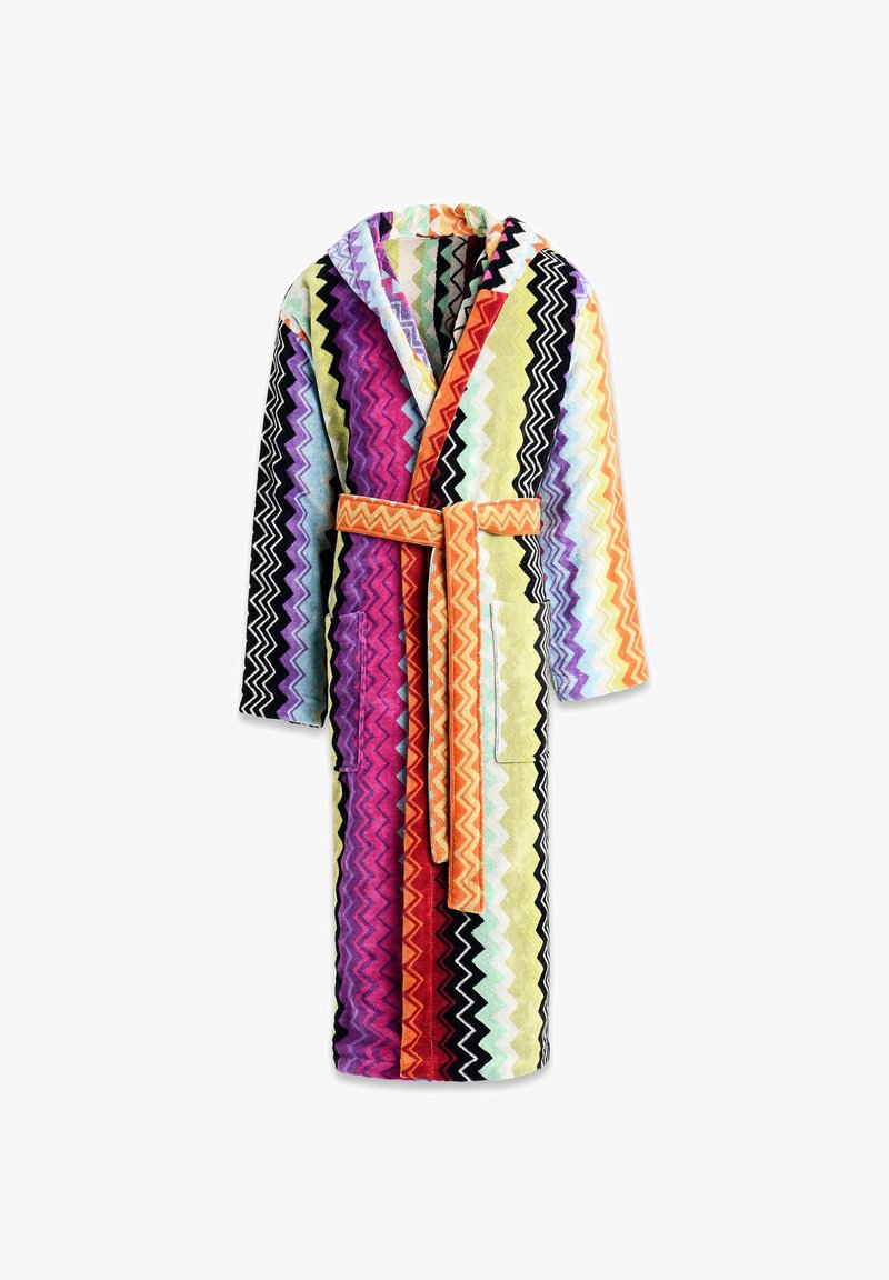 Bañador colorido con un patrón de zigzag en púrpura, rosa, amarillo, verde y naranja, con un cinturón a juego y dos bolsillos delanteros.