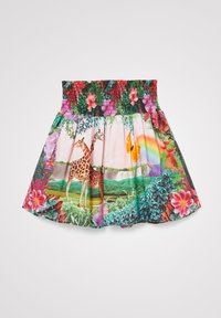 Bunt gemusterter Rock mit einem gesmokten Taillenbund, tropischen Tier- und Blumenmotiven, geschichtetem Design und lebhaften Farben, darunter Grün und Pink.