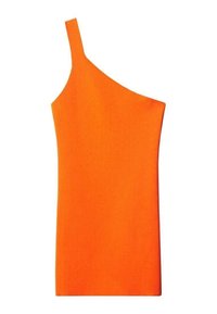 Robe orange asymétrique avec une bretelle, fabriquée dans un tissu extensible et lisse. Le design est ajusté, mettant en valeur une silhouette élancée.