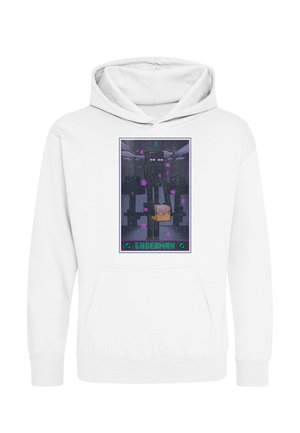 Hvid hættetrøje med en Minecraft Enderman, der holder en blok foran, omgivet af lilla partikler og teksten "Enderman" nedenfor.