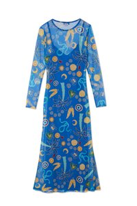 Garais piedurkņu zils caurspīdīgs kleita ar krāsainiem jūras motīviem, tostarp čaulgliem žēlsirdībām, zivīm un spirālēm, ar apaļu dekoltē.