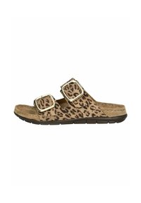 Sandalias deslizantes de estampado de leopardo con dos correas ajustables de ante sintético marrón, hebillas plateadas y una plantilla de corcho moldeada sobre una suela negra flexible.
