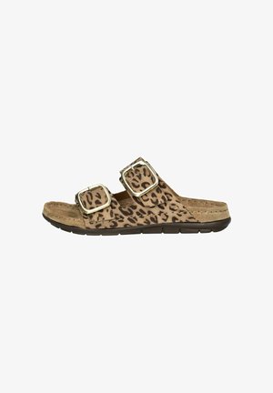 Sandali slide con stampa leopardata, dotati di due cinturini regolabili in finta suede marrone, con fibbie argentate e una soletta in sughero sagomata su una suola nera flessibile.