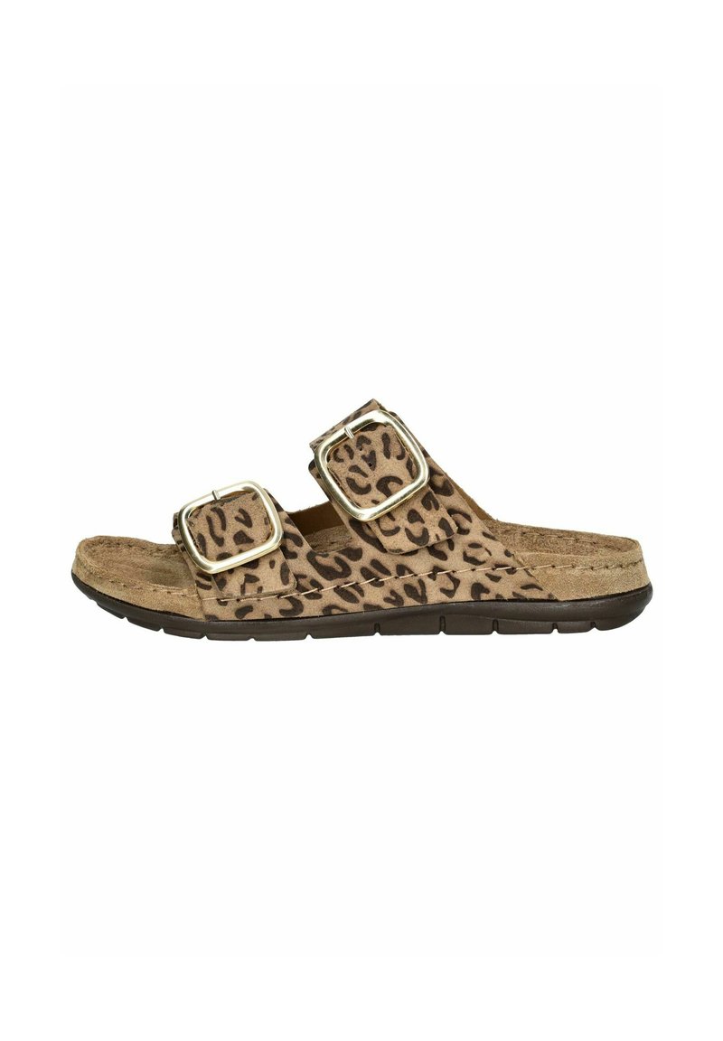 Sandalias deslizantes de estampado de leopardo con dos correas ajustables de ante sintético marrón, hebillas plateadas y una plantilla de corcho moldeada sobre una suela negra flexible.