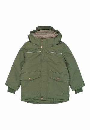 Grøn polstret jakke med høj krave, to frontlommer, grå indvendig foring, sølvreflekterende detaljer og ribbestrikkede manchetter.