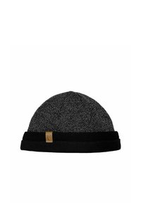 Black and gray knit beanie with a folded cuff and a small, brown leather label. Features a textured pattern and a snug fit design.