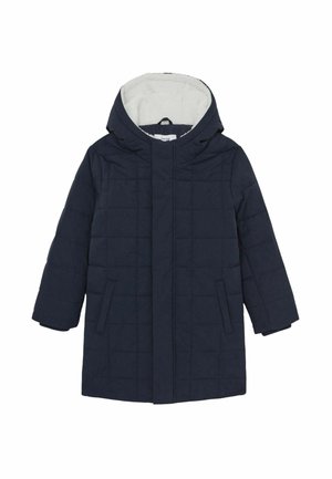 Marineblauer Puffer-Mantel mit Kapuze, ausgestattet mit einem gesteppten Muster, vorderen Taschen und einem weichen, kontrastierenden Fleece-Futter. Lange Ärmel.