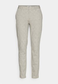 Light gray trousers featuring a textured fabric, slim fit design, front button closure, and standard pockets.