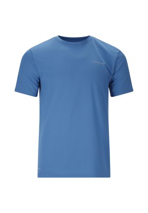 Blauw sport-T-shirt met korte mouwen en ronde hals, met een klein "Endurance" logo op de linkerborst.