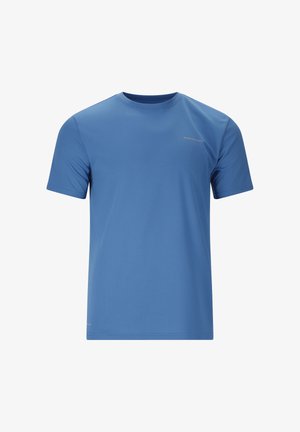 Blauw sport-T-shirt met korte mouwen en ronde hals, met een klein "Endurance" logo op de linkerborst.