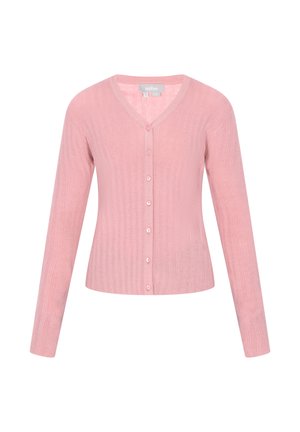 Růžový žebrovaný kardigan s dlouhými rukávy, výstřihem do V a zapínáním na knoflíky vpředu. Má přiléhavý střih a hladkou texturu po celém povrchu.