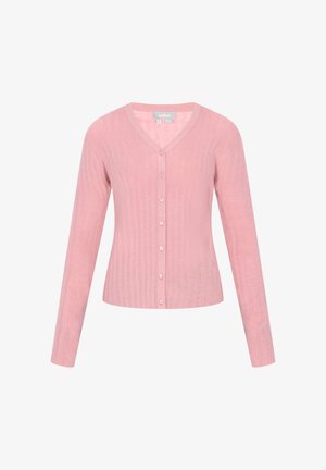 Růžový žebrovaný kardigan s dlouhými rukávy, výstřihem do V a zapínáním na knoflíky vpředu. Má přiléhavý střih a hladkou texturu po celém povrchu.
