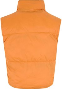 Oranžová prešívaná vesta s vysokým golierom, hladkým povrchom a prešitými detailmi, bez rukávov a s rovnakým strihom na spodnom okraji.