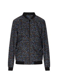 Giacca bomber con base blu navy, caratterizzata da un motivo floreale colorato. Maniche e orlo a costine con chiusura frontale a zip.