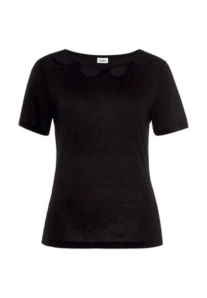 Black short-sleeve women's top with round neckline featuring a scalloped cutout collar detail and a Buffalo brand label inside.