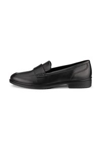 Svarta läderloafers med en slät yta, ett vadderat övre band och en låg gummisula. Har sömnadsdetaljer längs sidorna.