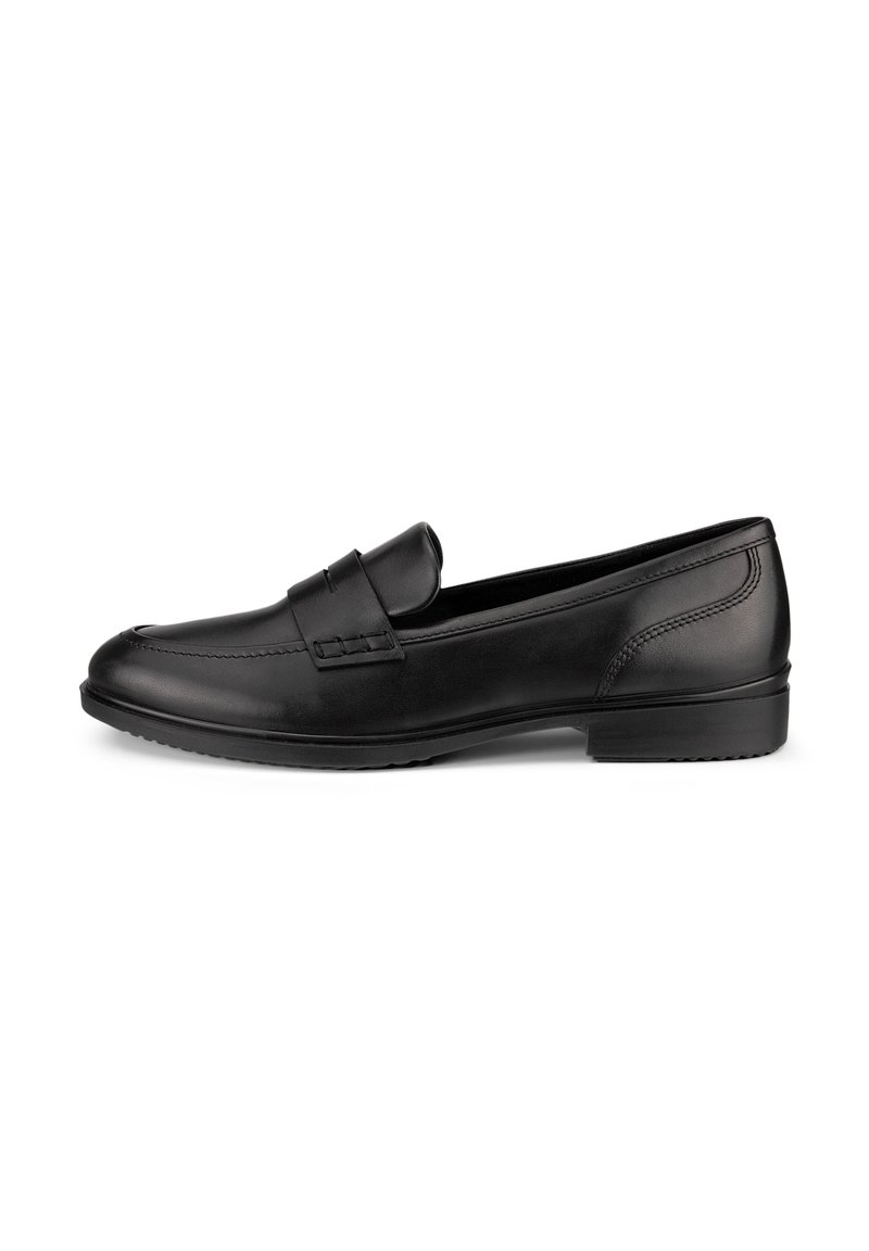 Svarta läderloafers med en slät yta, ett vadderat övre band och en låg gummisula. Har sömnadsdetaljer längs sidorna.