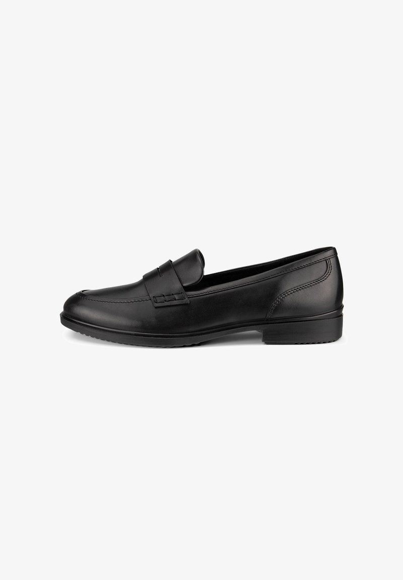 Svarta läderloafers med en slät yta, ett vadderat övre band och en låg gummisula. Har sömnadsdetaljer längs sidorna.