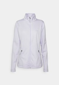 Giacca in pile di un leggero colore viola con colletto alto, chiusura frontale a zip completa e due tasche laterali con zip; design testurizzato e logo ricamato.