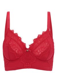 Punast pitsist rinnahoidja, millel on tugistav traat, lillemustrid, reguleeritavad nöörid ja keskne dekoratiivne lips, millel on väike metallakkent.