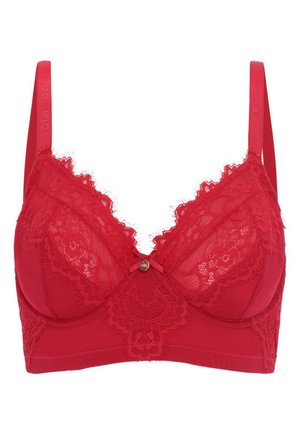 Rode kanten beha met beugels, voorzien van bloempatronen, verstelbare bandjes en een centrale decoratieve strik met een klein metalen accent.