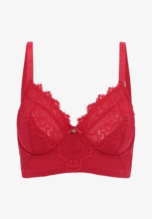Rode kanten beha met beugels, voorzien van bloempatronen, verstelbare bandjes en een centrale decoratieve strik met een klein metalen accent.