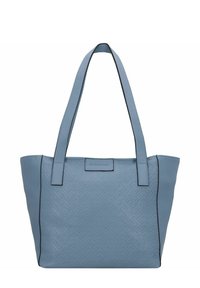 Borsa tote blu chiaro realizzata in materiale testurizzato, con due manici lunghi e bordi neri. Davanti presenta un motivo geometrico e un accento con il logo.