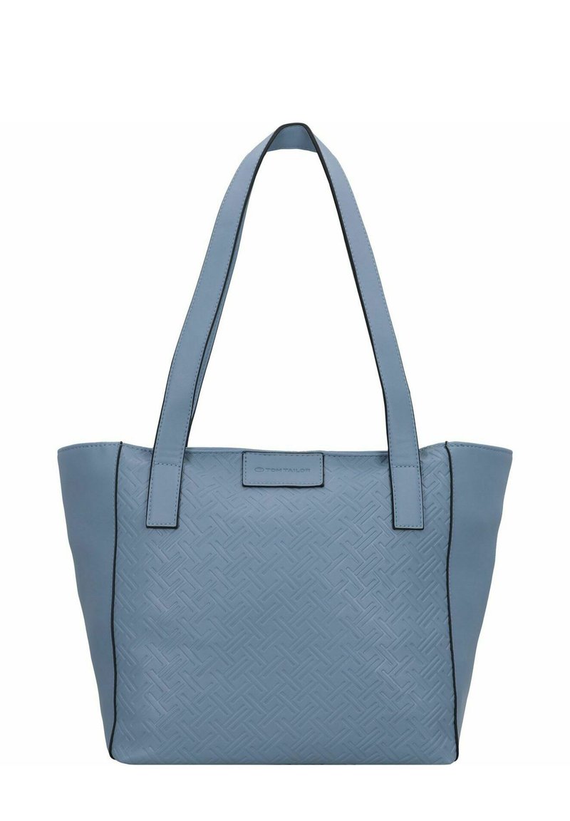Borsa tote blu chiaro realizzata in materiale testurizzato, con due manici lunghi e bordi neri. Davanti presenta un motivo geometrico e un accento con il logo.