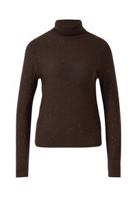 Maglione a colletto alto di colore marrone, realizzato in un tessuto morbido, con sottili puntini metallici su tutta la superficie, maniche lunghe e orlo e polsini a costine.