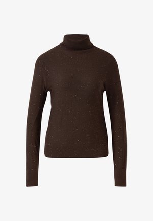 Brauner Rollkragenpullover aus weichem Stoff, mit dezenten metallischen Punkten, langen Ärmeln sowie einem gerippten Saum und Bündchen.