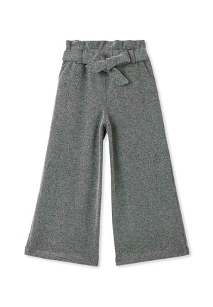 Pantaloni a gamba larga in morbido tessuto a maglia grigio. Presentano una vita con cintura e un motivo testurizzato su tutta la superficie. L'orlo arriva alla caviglia.