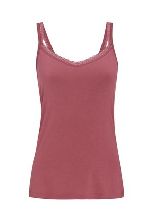 Camisole sans manches de couleur rose poussiéreuse avec bordure en dentelle au niveau du décolleté et des bretelles, fabriquée en tissu doux et léger.