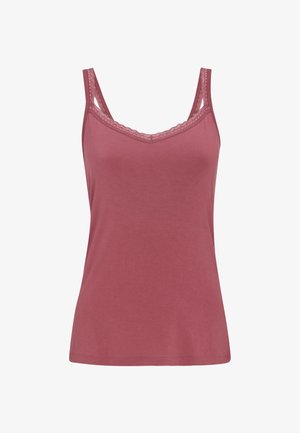Camisole rosa polvere senza maniche con rifiniture in pizzo sullo scollo e sulle spalline, realizzata in tessuto morbido e leggero.