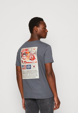 Camiseta de algodón gris con un gráfico multicolor en la parte posterior que incluye banderas, texto y una ilustración de un dragón. Manga corta, corte estándar.