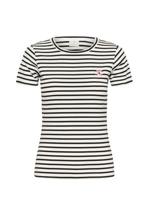 Fekete-fehér vízszintes csíkos rövid ujjú felső, kerek nyakkivágással és kis rózsaszín virág hímzéssel a bal mellrészen.