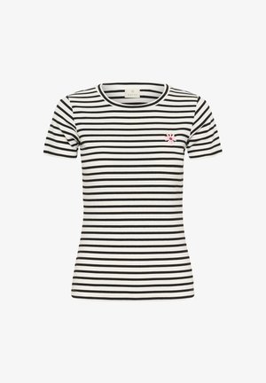 Mustvalge horisontaalsete triipudega lühikeste varrukatega pluus, ümmarguse kaelusega ja vasakul rinnal väikese roosa lille tikandiga.