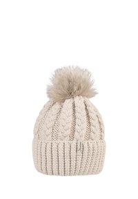 Cream-colored knitted winter hat with cable pattern and large fluffy pom-pom on top, featuring a small fabric brand tag.