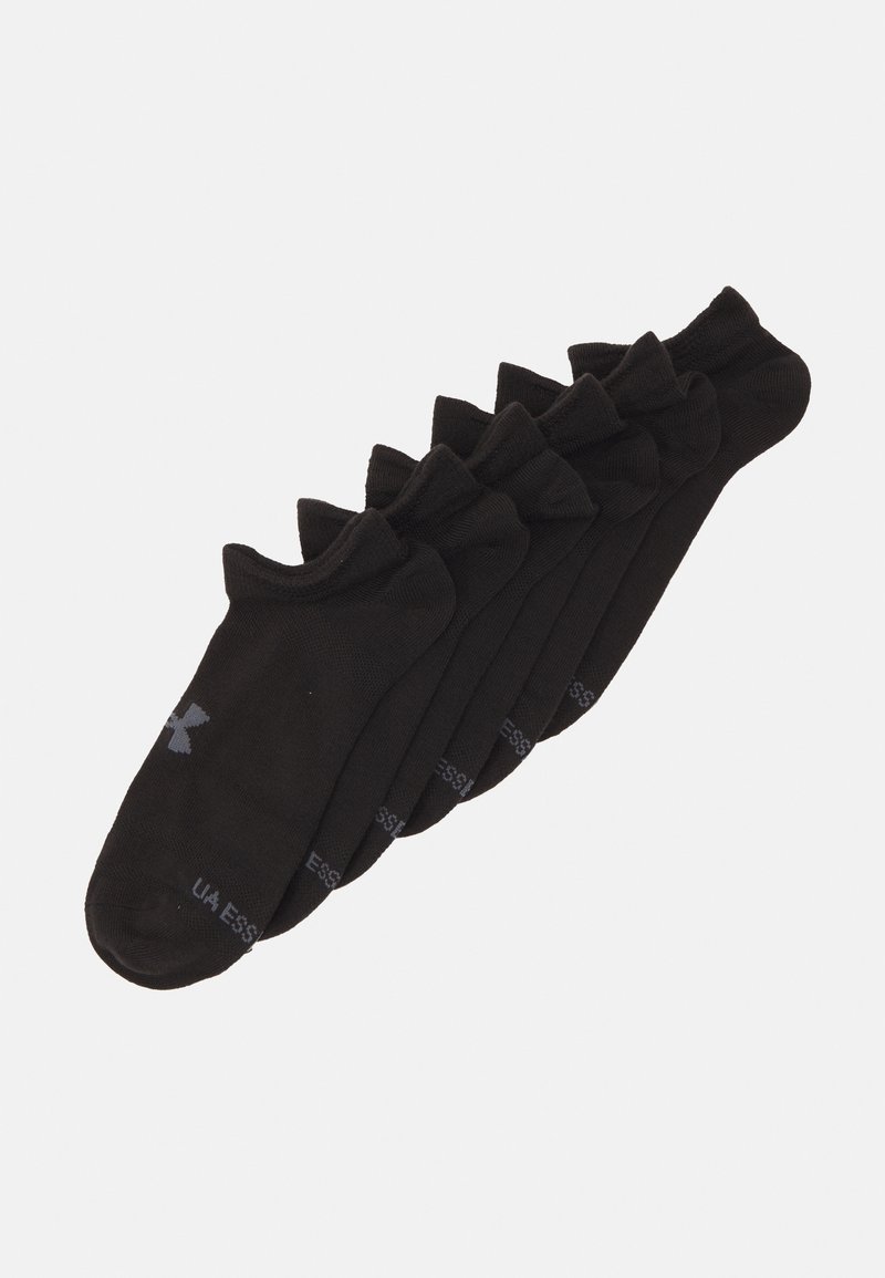 Schwarze Knöchelsocken, sechs Paare, aus weichem Stoff, mit einem grauen Logodetail an der Spitze. Glatte Textur mit gerippten Öffnungen.