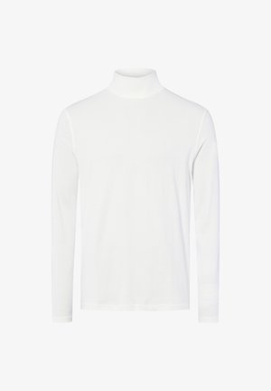 Weißes Langarm-Turtleneck-Shirt aus glattem Stoff, mit taillierter Silhouette und hohem Kragen, ohne Muster oder Verzierungen.
