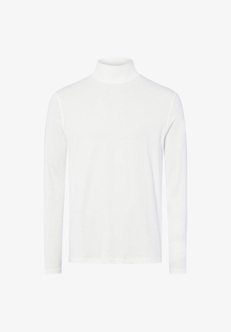 Weißes Langarm-Turtleneck-Shirt aus glattem Stoff, mit taillierter Silhouette und hohem Kragen, ohne Muster oder Verzierungen.