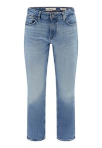 Jeans de mezclilla azul claro con corte recto, que presentan un lavado desvanecido, bolsillos frontales y un cierre de botón.