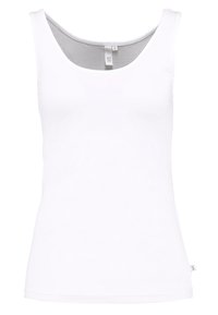 Débardeur sans manches blanc en tissu lisse et extensible avec un col rond et sans coutures visibles. L'étiquette indique la taille 'S'.