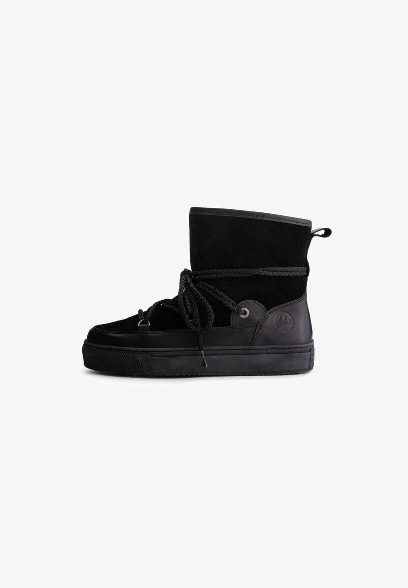 Black high-top sneaker boot with suede upper, thick sole, wrap-around laces, and pull tab at the back, displayed on a white background.
