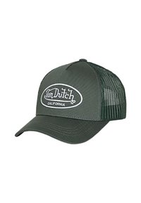 Casquette de camionneur vert foncé avec dos en maille, portant un logo brodé blanc qui dit 'Von Dutch California.' Visière courbée, avant structuré.