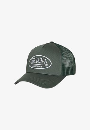 Dunkelgrüne Trucker-Cap mit Mesh-Rückseite, die ein weiß gesticktes Logo mit der Aufschrift 'Von Dutch California' zeigt. Vorgebogenes Schild, strukturierte Vorderseite.
